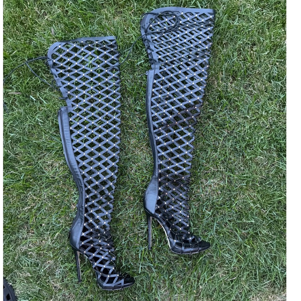 Akira Black Women's Cage Gladiator thigh high Stiletto Boots Gold Studded EU 37